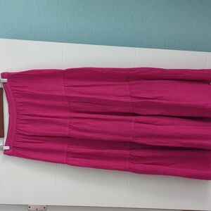 120% Lino Tiered Pink Maxi Italian Linen Boho Stretchy back waist Skirt Large 46
